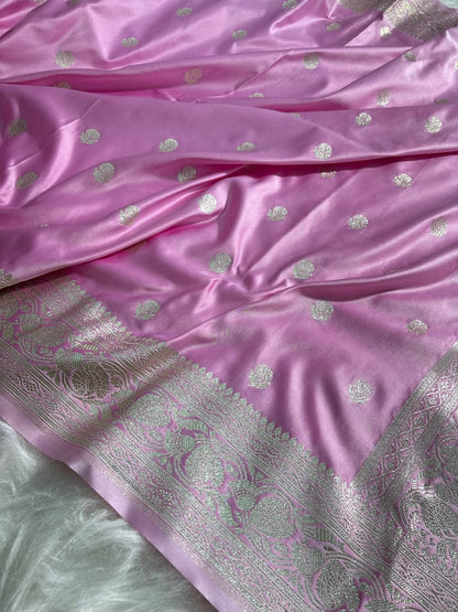 Baby Pink Floral Booti Satin Silk Saree