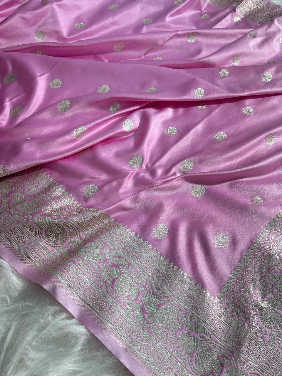 Baby Pink Floral Booti Satin Silk Saree