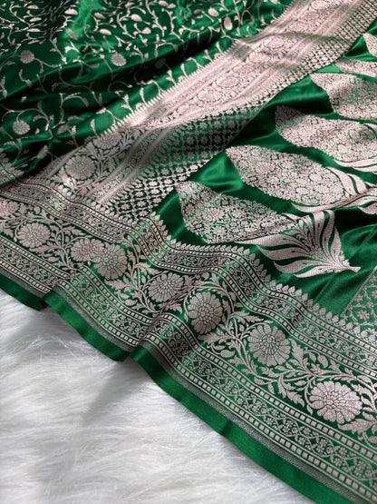 Bottle Green Floral Jaal Pattern Mashru Silk Saree