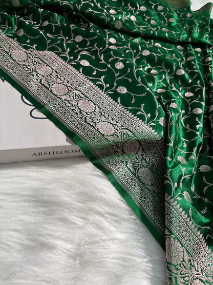 Bottle Green Floral Jaal Pattern Mashru Silk Saree