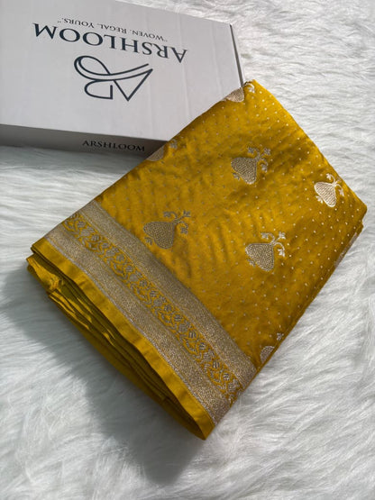 Banarasi Boota Pattern Mashru Silk Saree in Mustard Yellow Shade