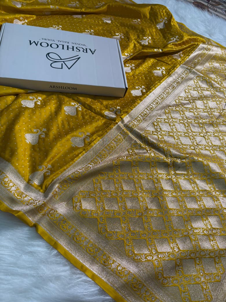 Banarasi Boota Pattern Mashru Silk Saree in Mustard Yellow Shade
