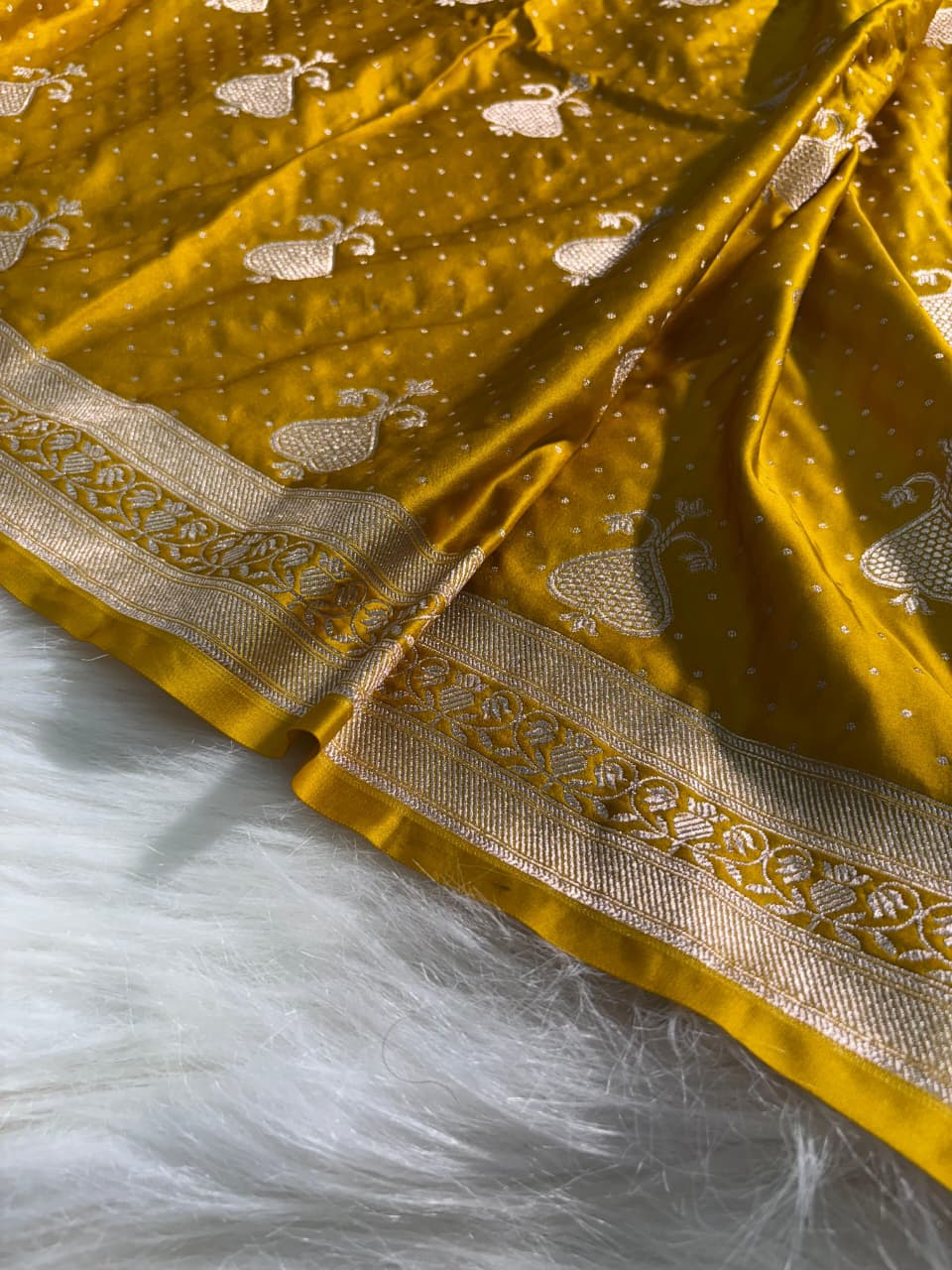 Banarasi Boota Pattern Mashru Silk Saree in Mustard Yellow Shade