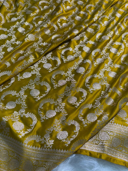Mustard Floral Jaal Pattern Mashru Silk Saree