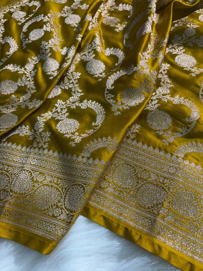 Mustard Floral Jaal Pattern Mashru Silk Saree