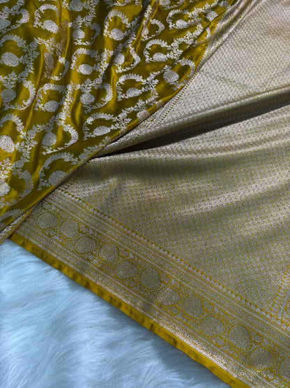 Mustard Floral Jaal Pattern Mashru Silk Saree
