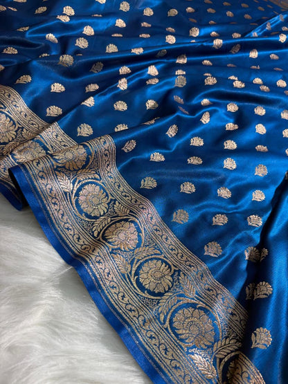 Royal Blue Floral Booti Satin Silk Saree