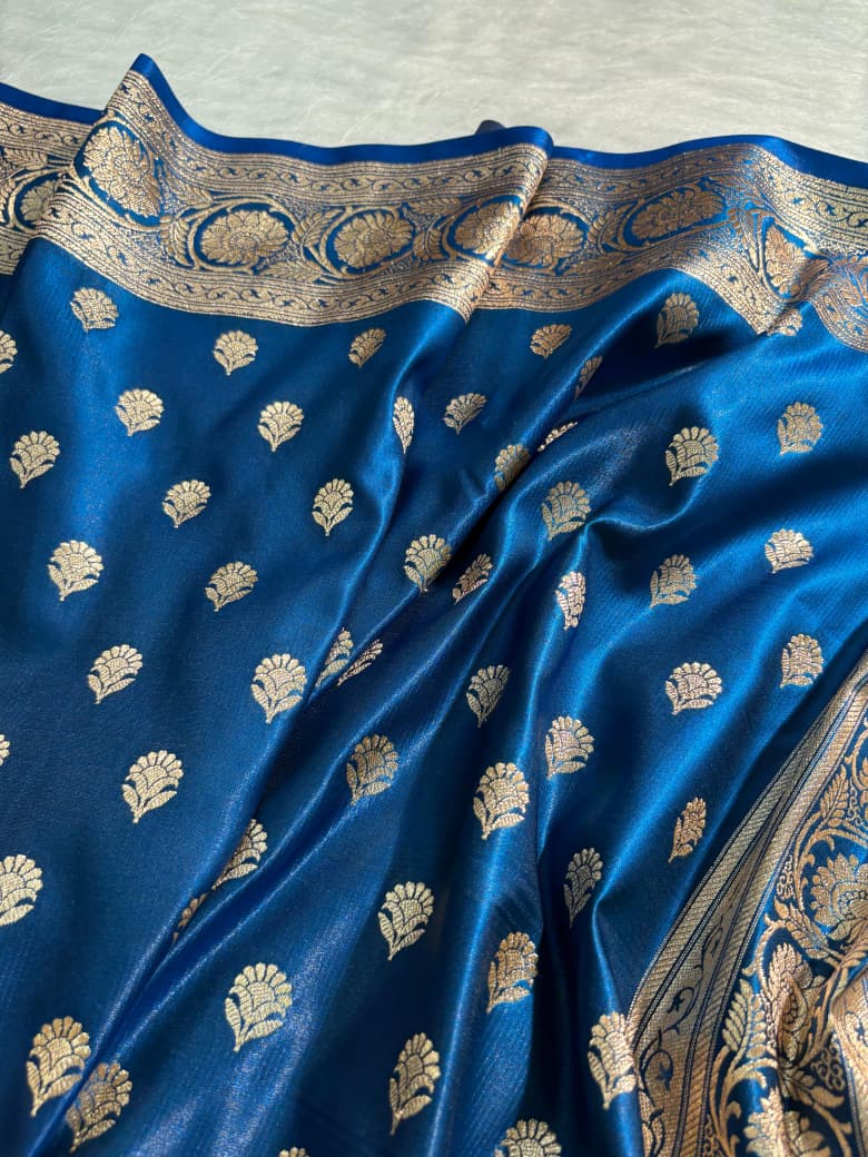 Royal Blue Floral Booti Satin Silk Saree