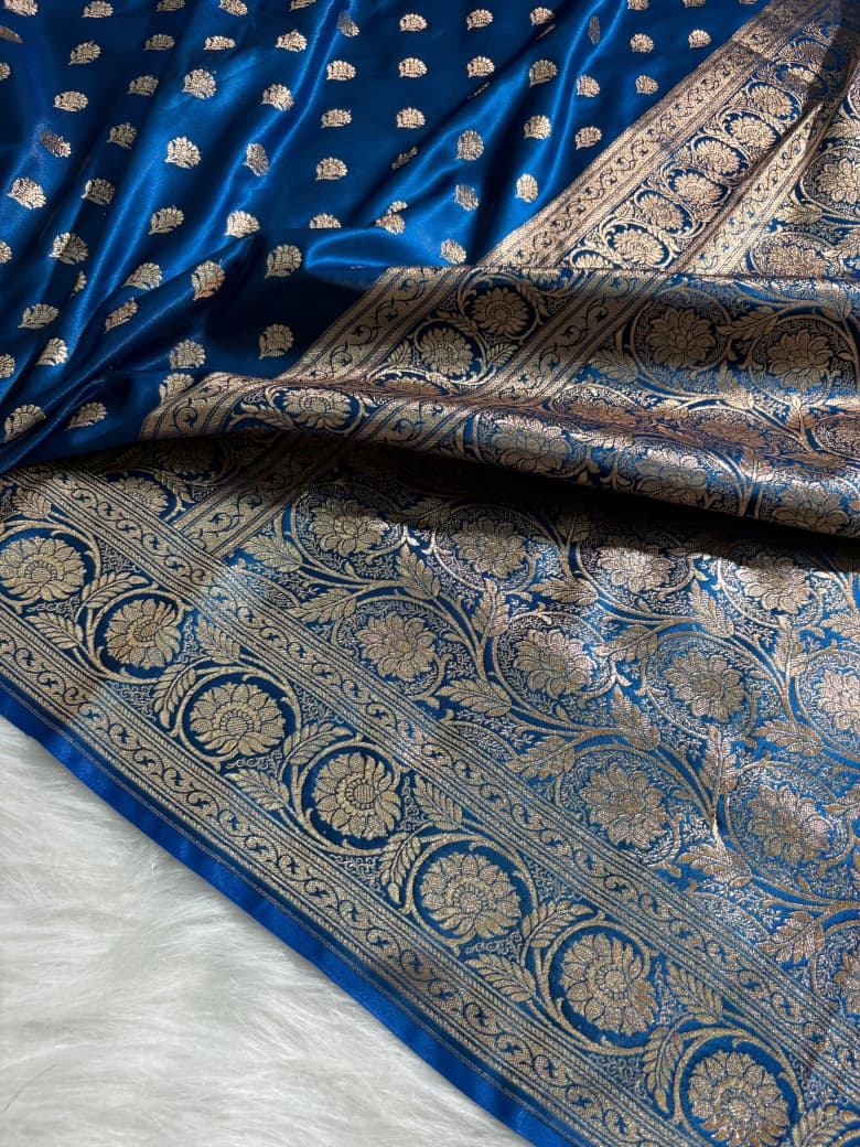 Royal Blue Floral Booti Satin Silk Saree