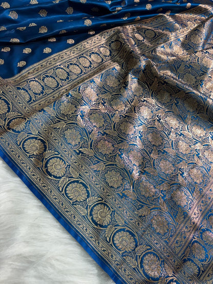 Royal Blue Floral Booti Satin Silk Saree