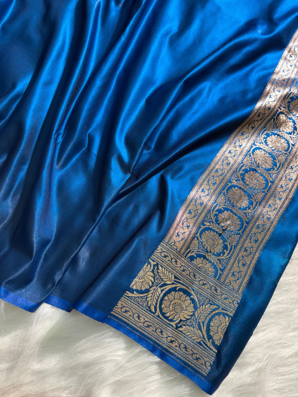 Royal Blue Floral Booti Satin Silk Saree