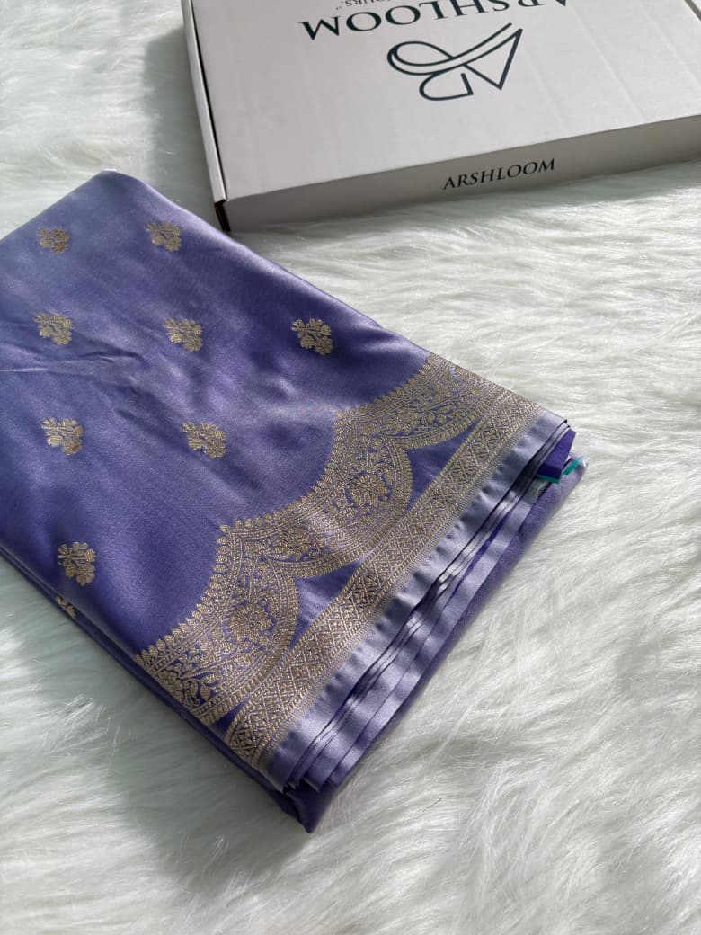 Lavender Floral Boota Scallop Border Mashru Silk Saree