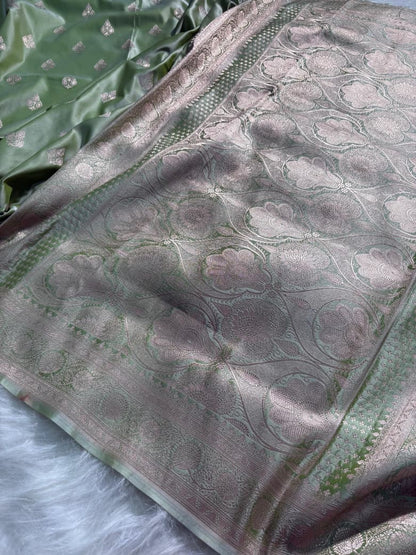 Pastel Olive Green Boota Mashru Silk Saree