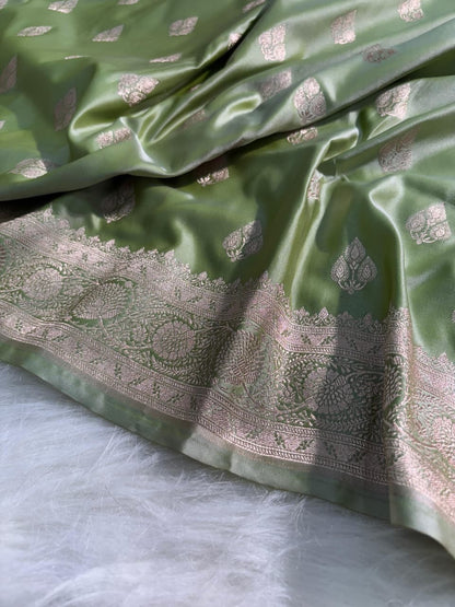 Pastel Olive Green Boota Mashru Silk Saree