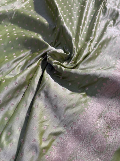 Pastel Olive Green Boota Mashru Silk Saree