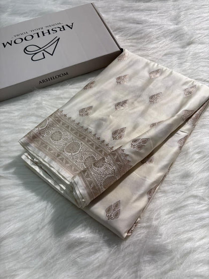 Ivory Cream Boota Pattern Satin Katan Silk Saree