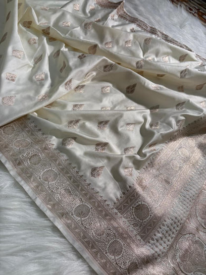 Ivory Cream Boota Pattern Satin Katan Silk Saree