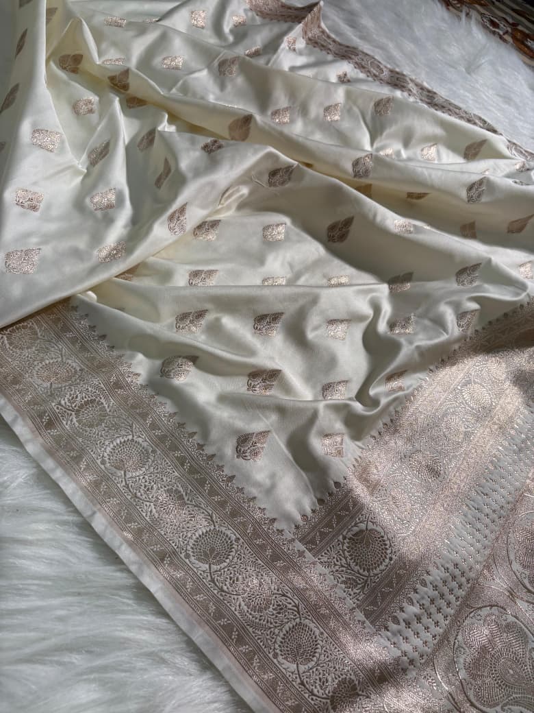 Ivory Cream Boota Pattern Satin Katan Silk Saree