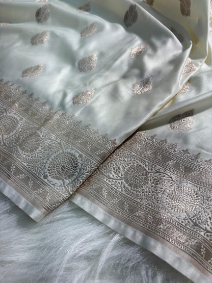 Ivory Cream Boota Pattern Satin Katan Silk Saree