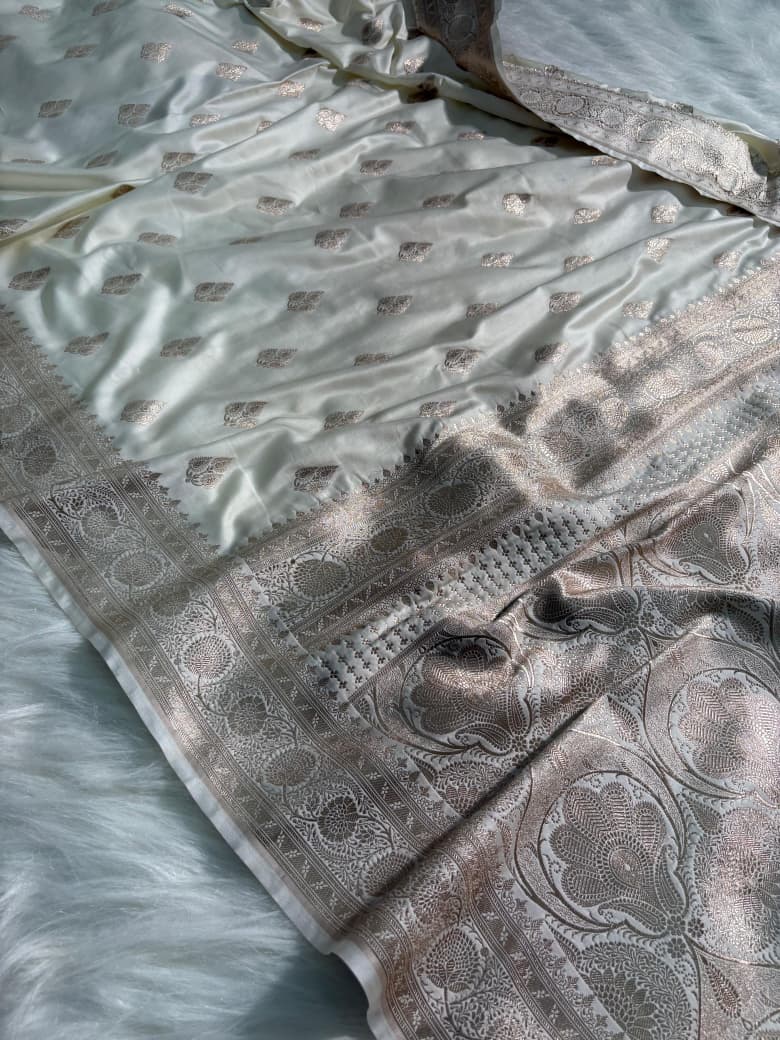 Ivory Cream Boota Pattern Satin Katan Silk Saree