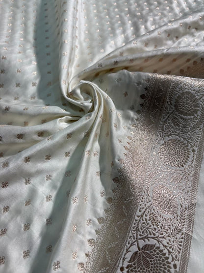 Ivory Cream Boota Pattern Satin Katan Silk Saree