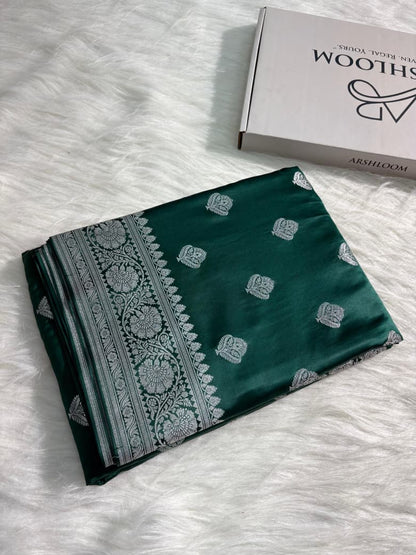 Banarasi Boota Pattern Satin Katan Silk Saree in Bottle Green Shade