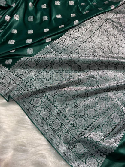 Banarasi Boota Pattern Satin Katan Silk Saree in Bottle Green Shade