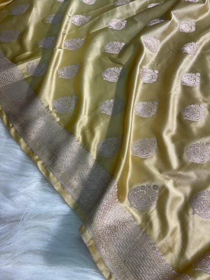Lemon Mist Boota Satin Katan Silk Saree