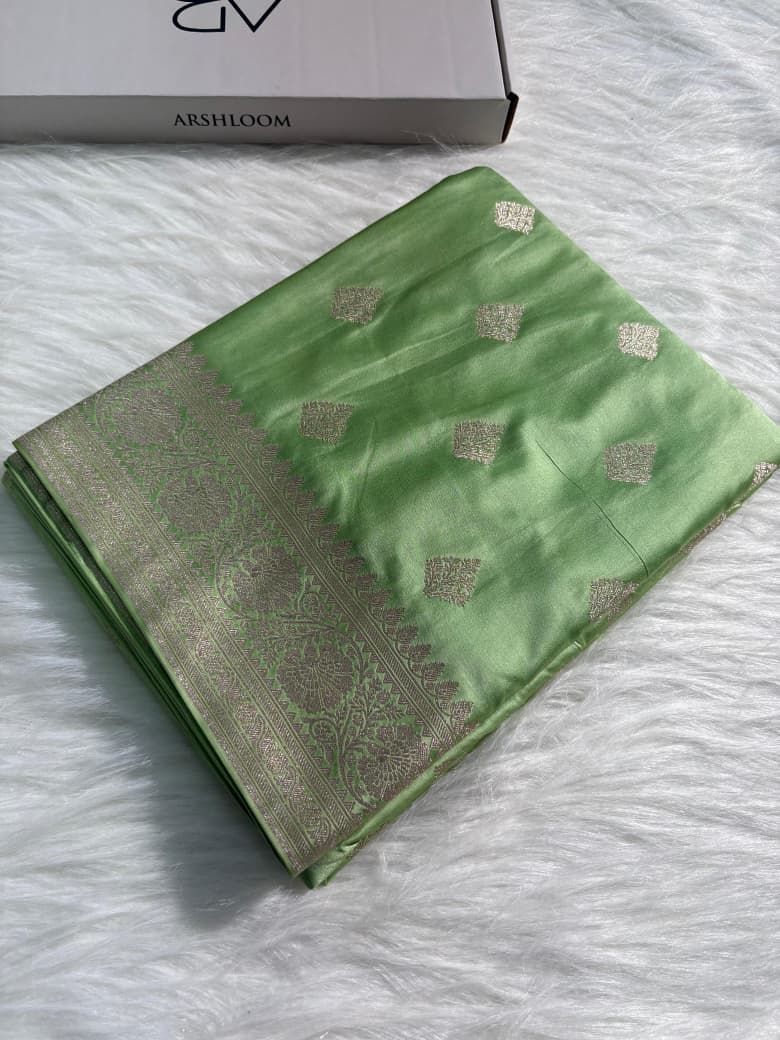 Olive Green Boota Satin Katan Silk Saree
