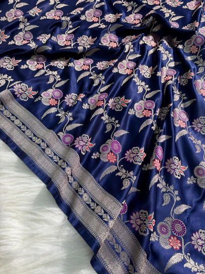 Indigo Blue Floral Jaal Minakari Mashru Silk Saree