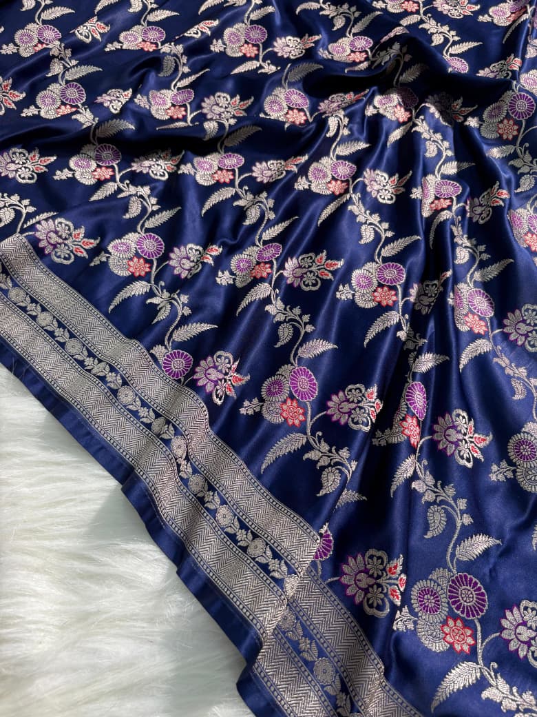 Indigo Blue Floral Jaal Minakari Mashru Silk Saree