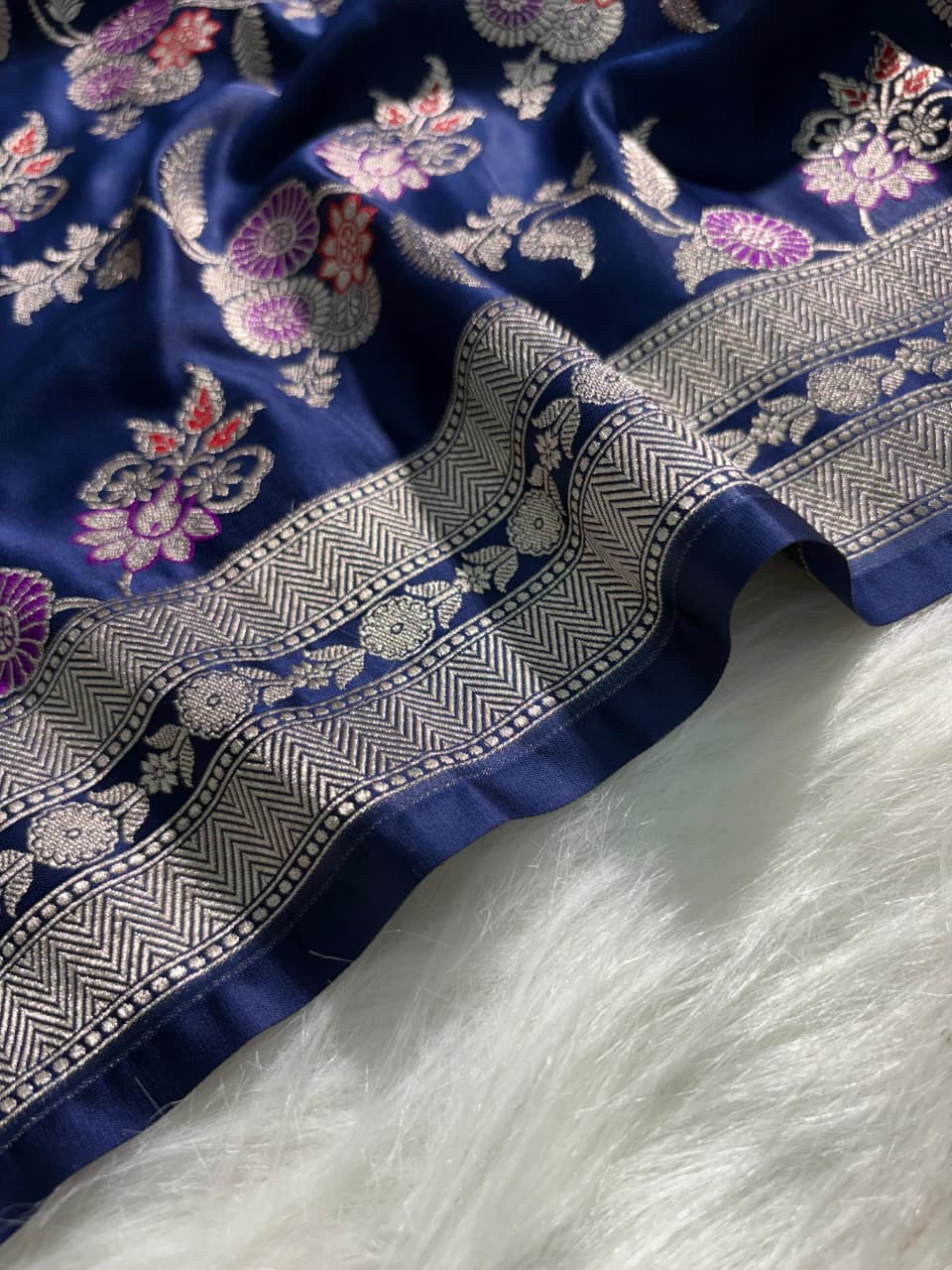 Indigo Blue Floral Jaal Minakari Mashru Silk Saree