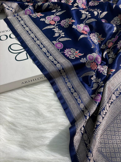 Indigo Blue Floral Jaal Minakari Mashru Silk Saree