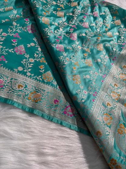 Sea Green Minakari Floral Mashru Silk Saree