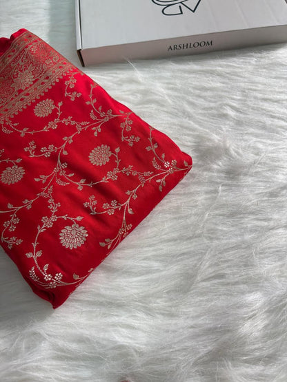 Red Floral Jaal Pattern Satin Silk Banarasi Saree