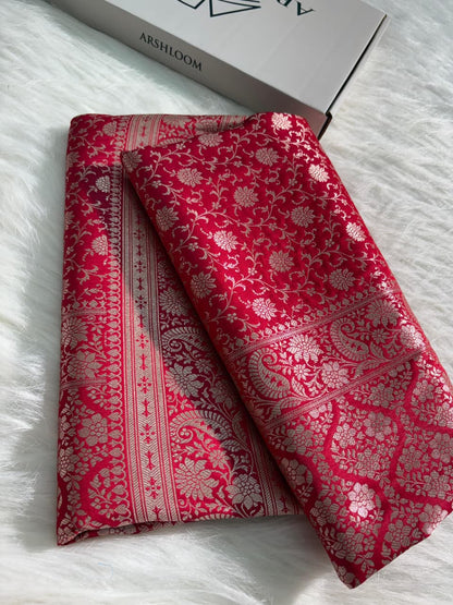 Satin Katan Silk Saree Floral Jaal Pattern in Crimson Red Shades