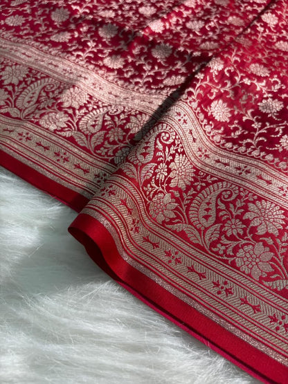 Satin Katan Silk Saree Floral Jaal Pattern in Crimson Red Shades