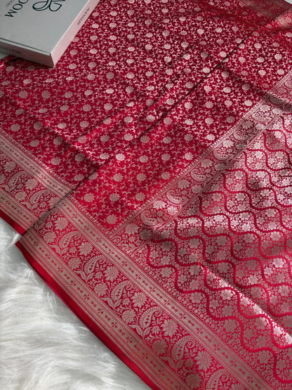 Satin Katan Silk Saree Floral Jaal Pattern in Crimson Red Shades
