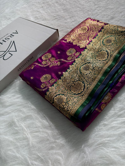 Bridal Contrast Pattern Banarasi Cross with Booti and Swarovski Work Satin Silk Saree