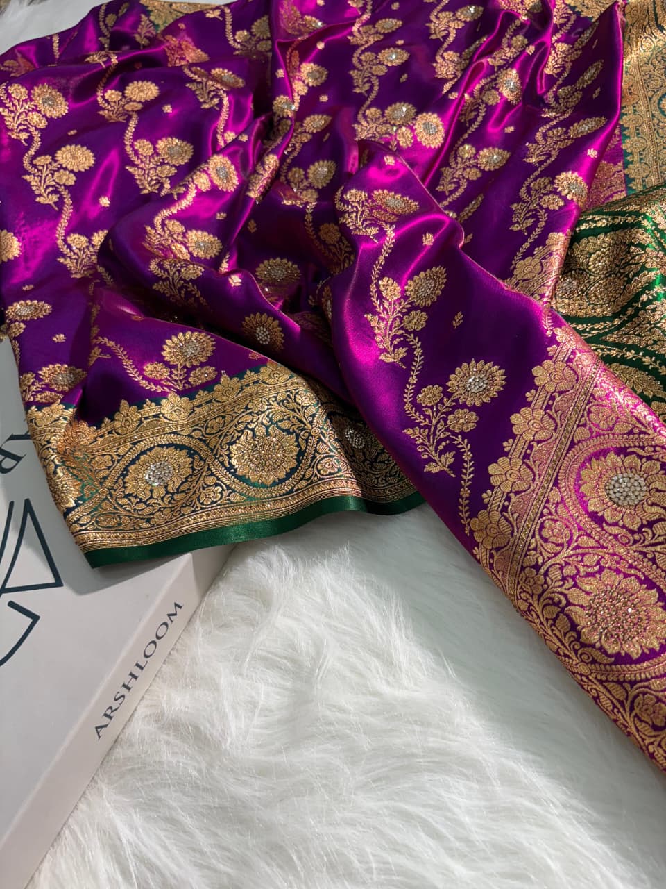 Bridal Contrast Pattern Banarasi Cross with Booti and Swarovski Work Satin Silk Saree