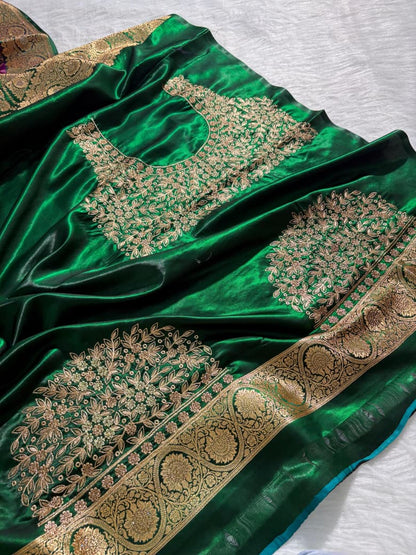 Bridal Contrast Pattern Banarasi Cross with Booti and Swarovski Work Satin Silk Saree