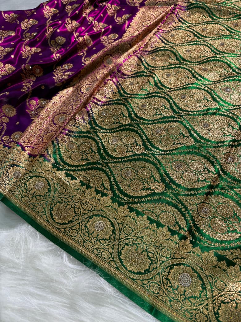 Bridal Contrast Pattern Banarasi Cross with Booti and Swarovski Work Satin Silk Saree