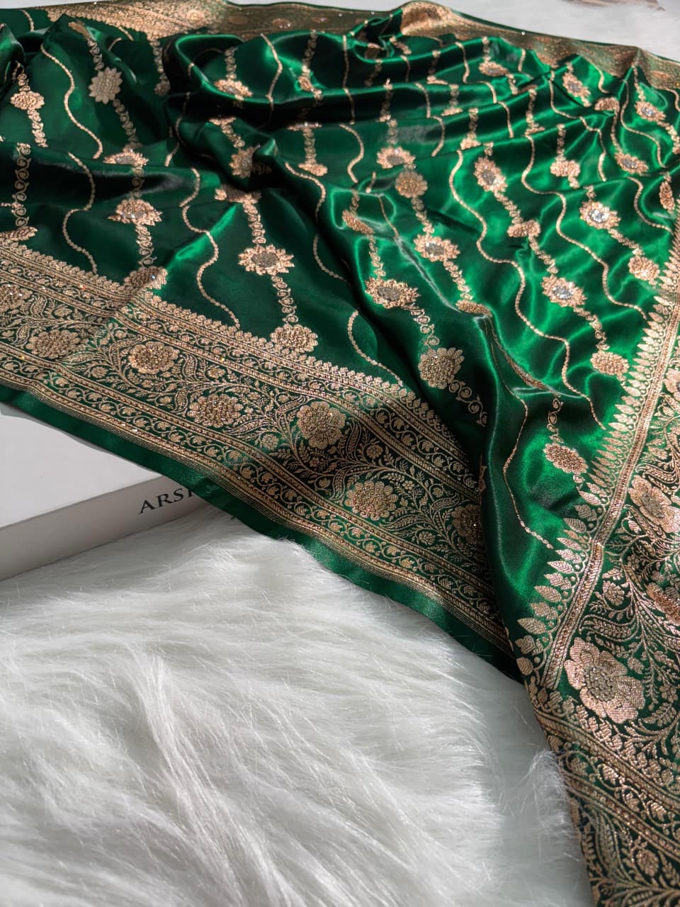 Bottle Green Satin Silk Cross Floral with Swavroski Work