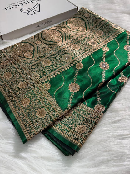 Bottle Green Satin Silk Cross Floral with Swavroski Work