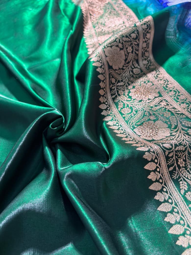 Bottle Green Satin Silk Cross Floral with Swavroski Work