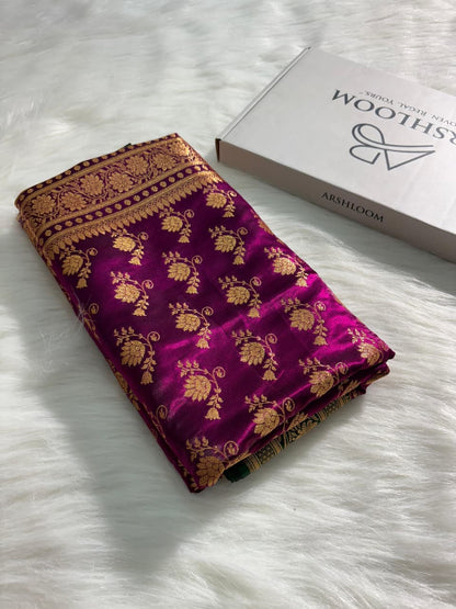 Royal Purple - Green Floral Satin Silk Saree