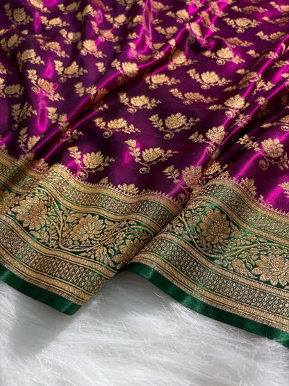 Royal Purple - Green Floral Satin Silk Saree