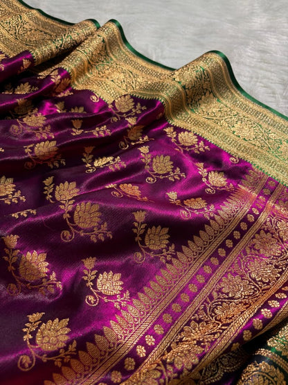 Royal Purple - Green Floral Satin Silk Saree