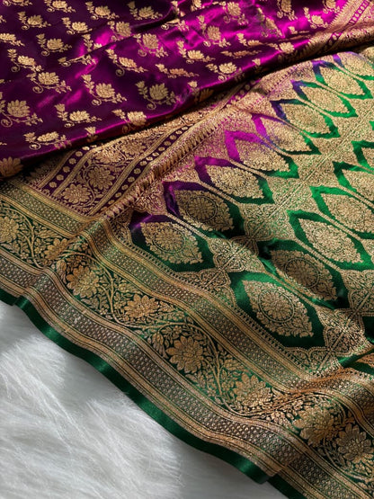 Royal Purple - Green Floral Satin Silk Saree