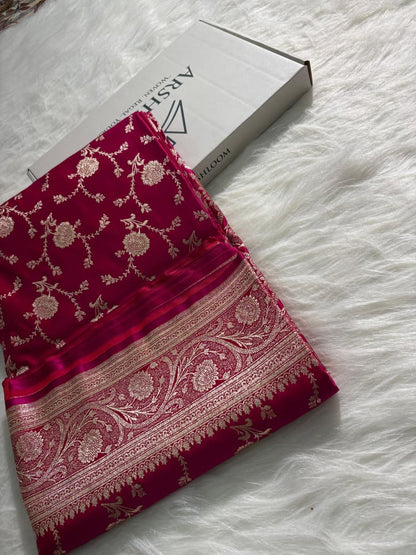 Rani Pink Floral Jaal Pattern Satin Katan Silk Saree